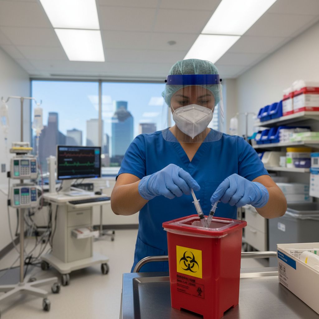 Healthcare worker safely disposing of a used needle into a biohazard container in a Houston medical facility